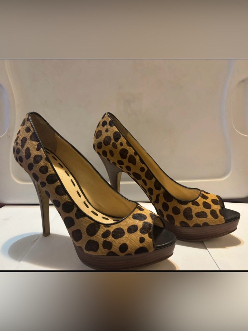 Enzo Angiolini Leopard Print Peep-Toe Platform Heels - Tan & Dark Brown